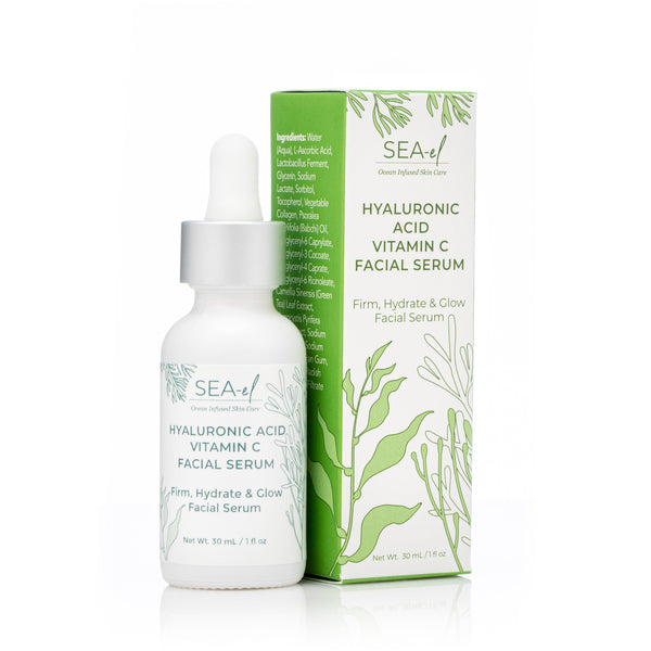 Image of our Hyaluronic Acid Vitamin C Serum bottle next to the box of the product with a white backround.