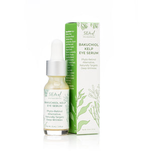 SEA EL Bakuchiol Kelp Eye Serum with dropper and packaging on a white background, next to its box.