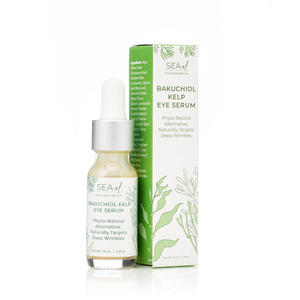 SEA EL Bakuchiol Kelp Eye Serum with dropper and packaging on a white background, next to its box.