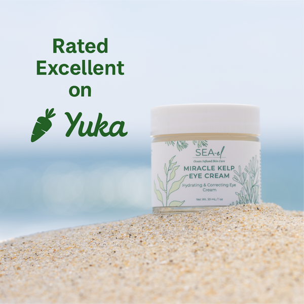 Sea el Skincare Miracle Kelp Eye Cream jar on sand with 'Yuka' rating text.