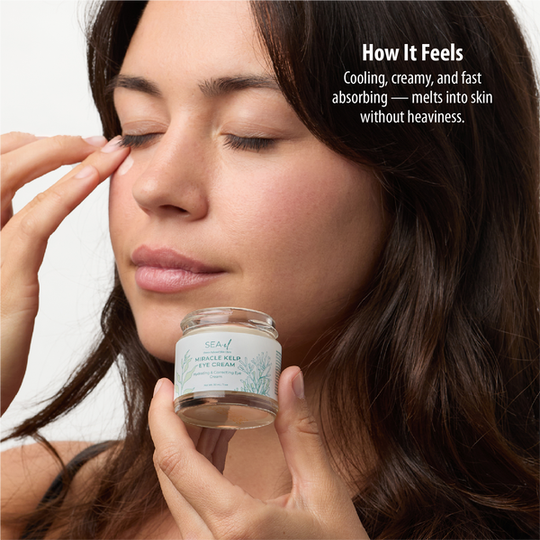 Woman holding a jar of eye cream with text describing its texture and absorption.