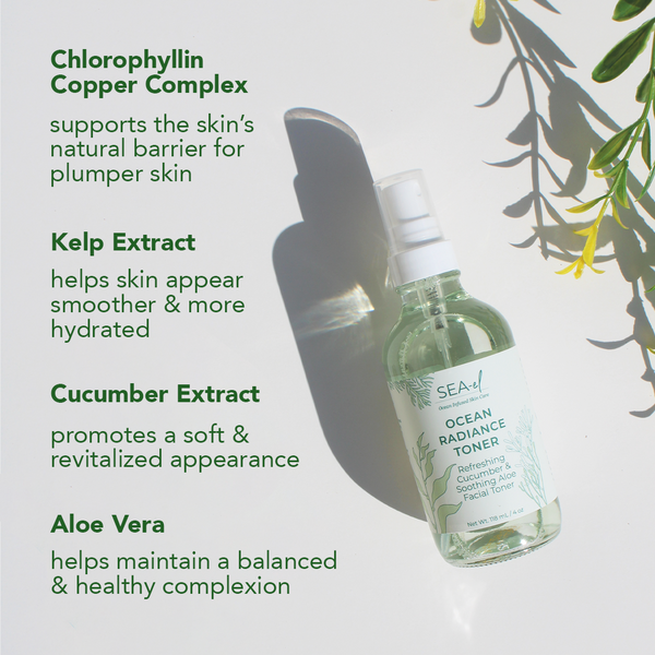 Image of our Ocean Radiance Toner on a white table, with plants and texxt overlaying the image sharing main functional ingredients.