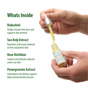Hand holding a dropper with skincare product and text about its ingredients on a white background