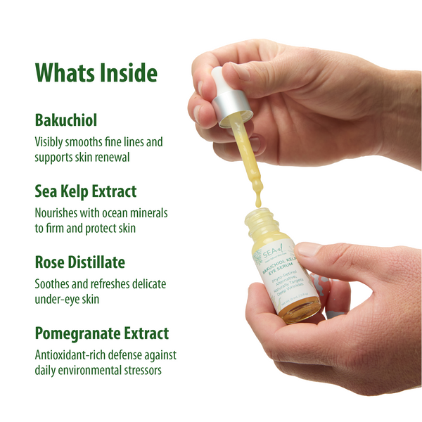 Hand holding a dropper with skincare product and text about its ingredients on a white background