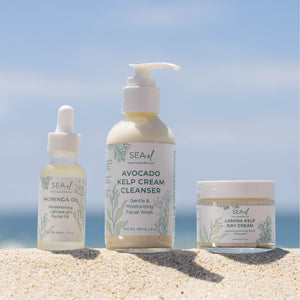 A set of three skincare products from Sea el Skincare including a facial cleanser, a day cream, and an antioxidant oil, all on the beach with the ocean in the backround.