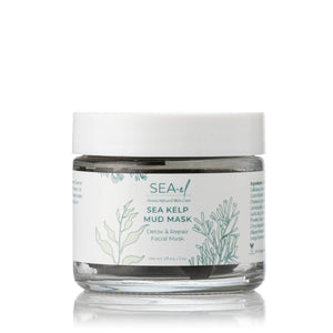 A clear glass jar with a white lid containing a black mud mask. The label on the jar features the brand Sea el Skincare 'Sea Kelp Mud Mask' and the product name Sea Kelp Mud Mask.