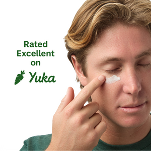Man applying cream to his face with 'Yuka' branding and text 'Rated Excellent on Yuka'
