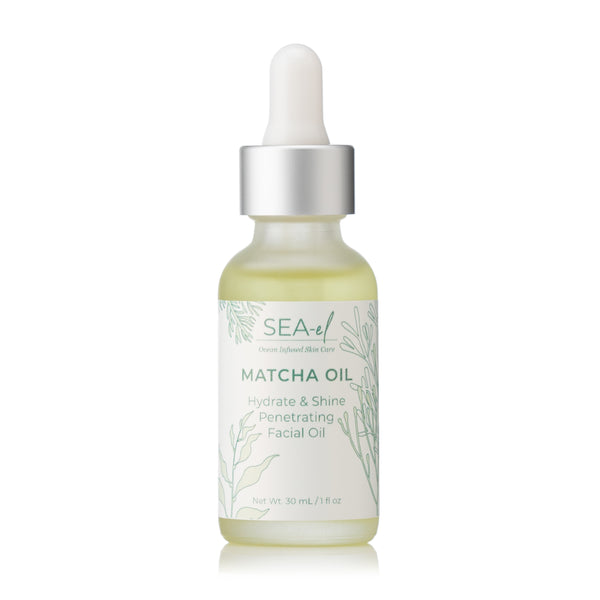 A clear glass bottle with a dropper containing matcha oil, labeled 'MATCHA OIL' with the brand 'SEA El Skincare' below, set against a white background.