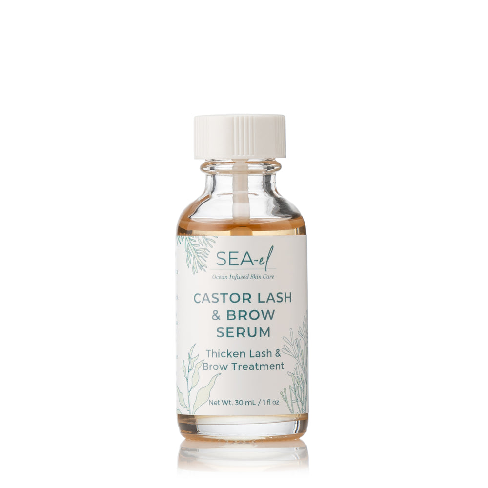 A bottle of SEA EL SKINCARE CASTOR LASH & BROW SERUM with a white cap.