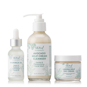 A set of three skincare products from Sea el Skincare including a facial cleanser, a day cream, and an antioxidant oil, all with natural ingredients emphasized on the labels.