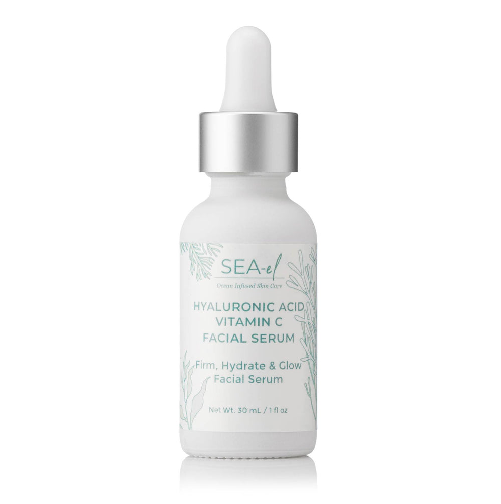 A bottle of Hyaluronic Acid & Vitamin C Facial Serum with a dropper, labeled with the brand SEA-EL and product details.