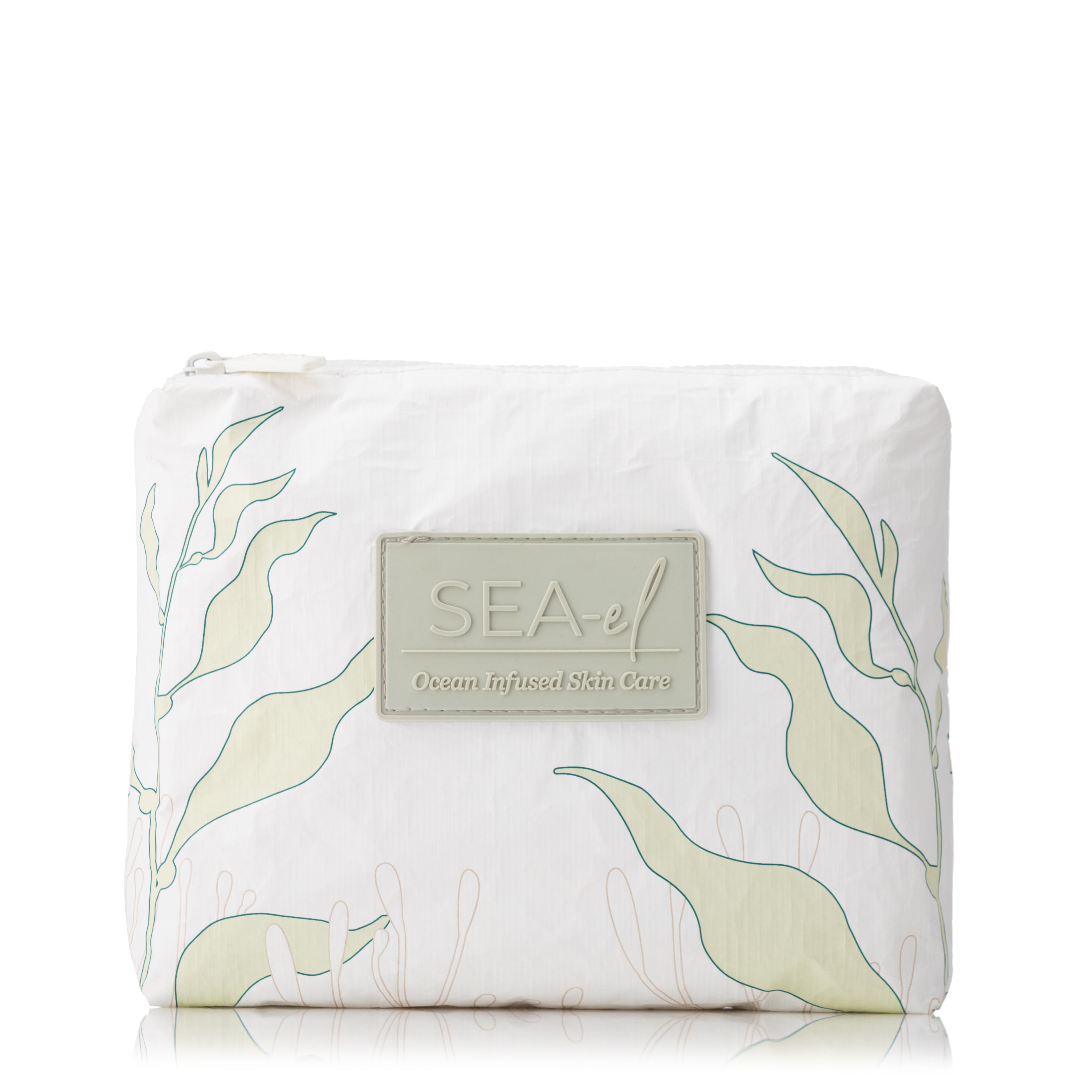 A white cosmetic bag with a leaf pattern, featuring a label with the brand name 'Sea el Skincare'.