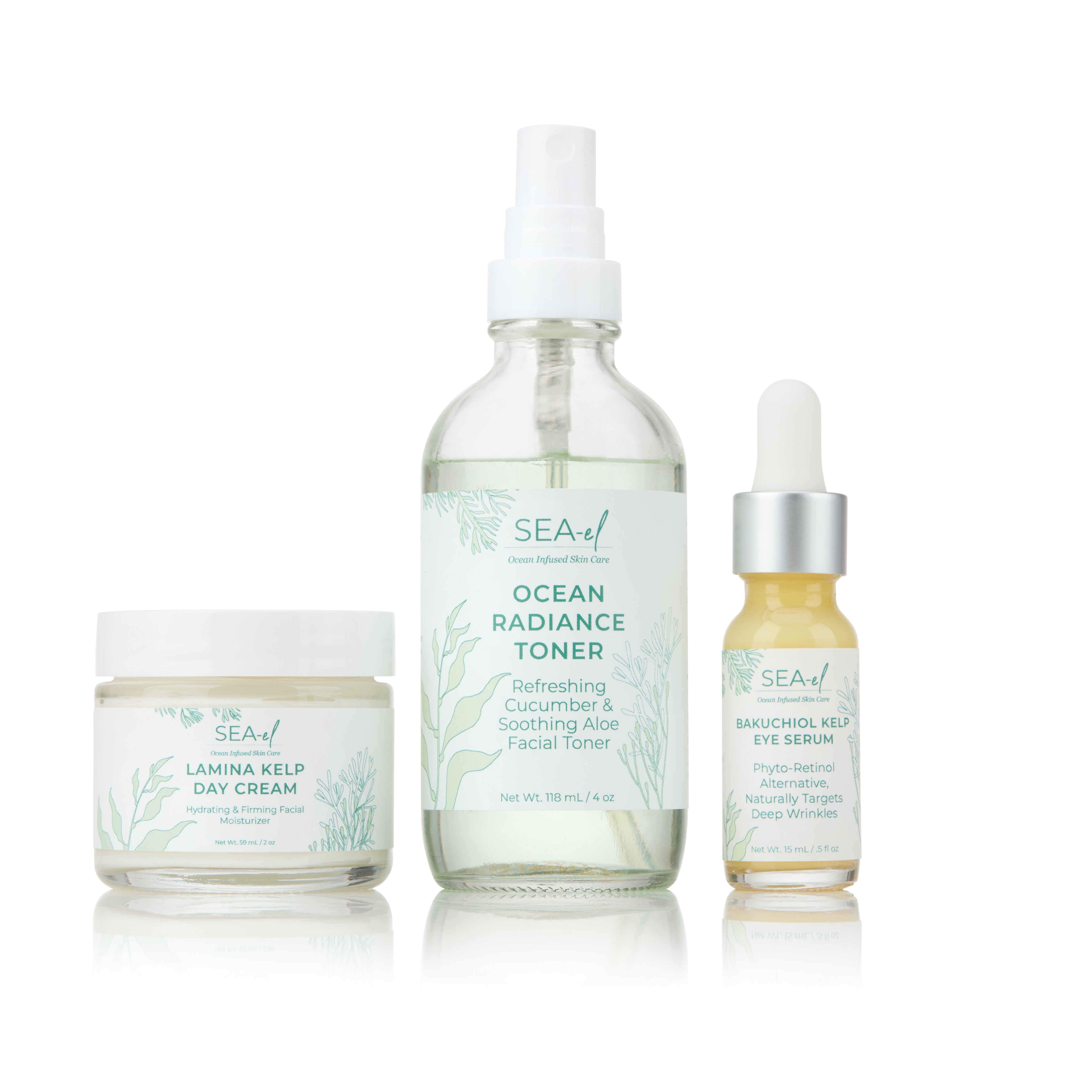 Set of Sea el skincare products including a day cream, toner, and eye serum on a white background.