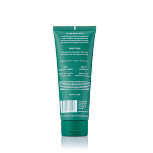 A green squeeze tube of SEA-EL  Gel Cleanser, shown from the back, featuring white text detailing ingredients, directions, and a barcode, set against a plain white background.