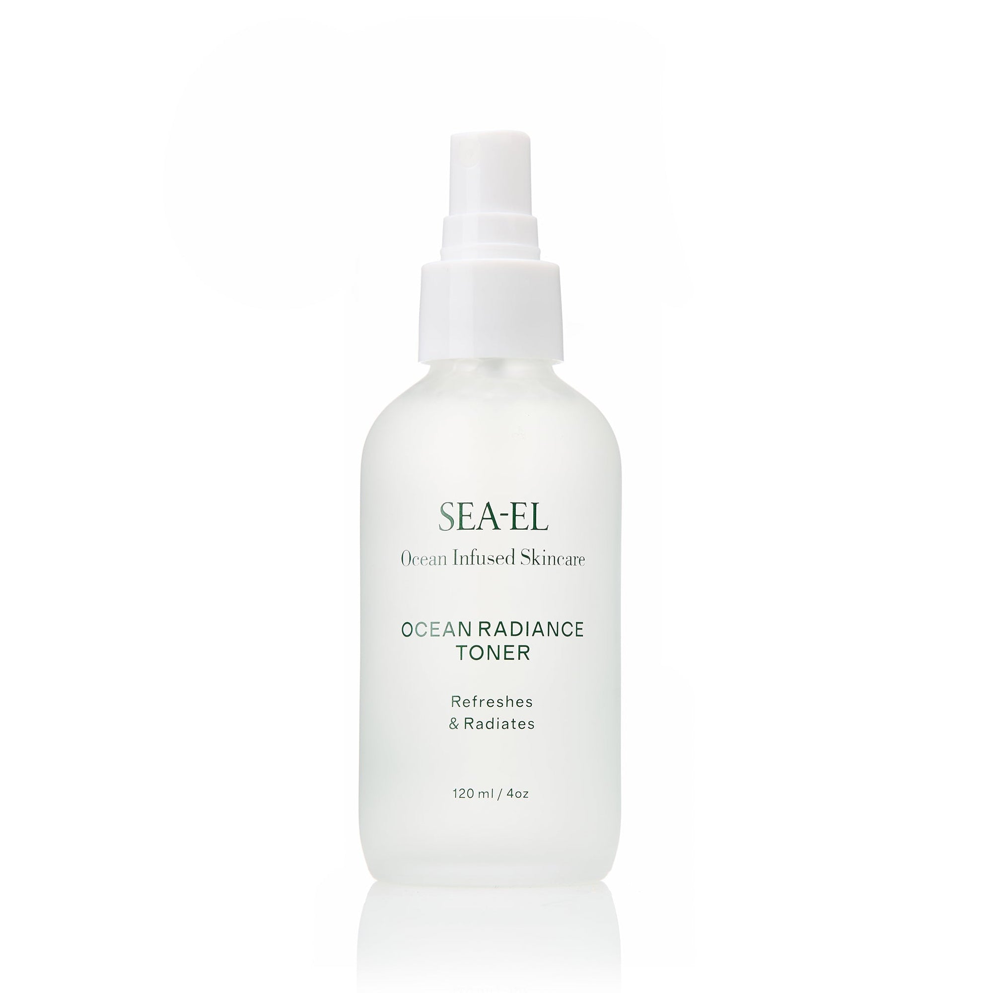 SEA-EL Ocean Radiance Toner in a frosted white spray bottle with a white pump dispenser, set against a clean white background with a subtle reflection.