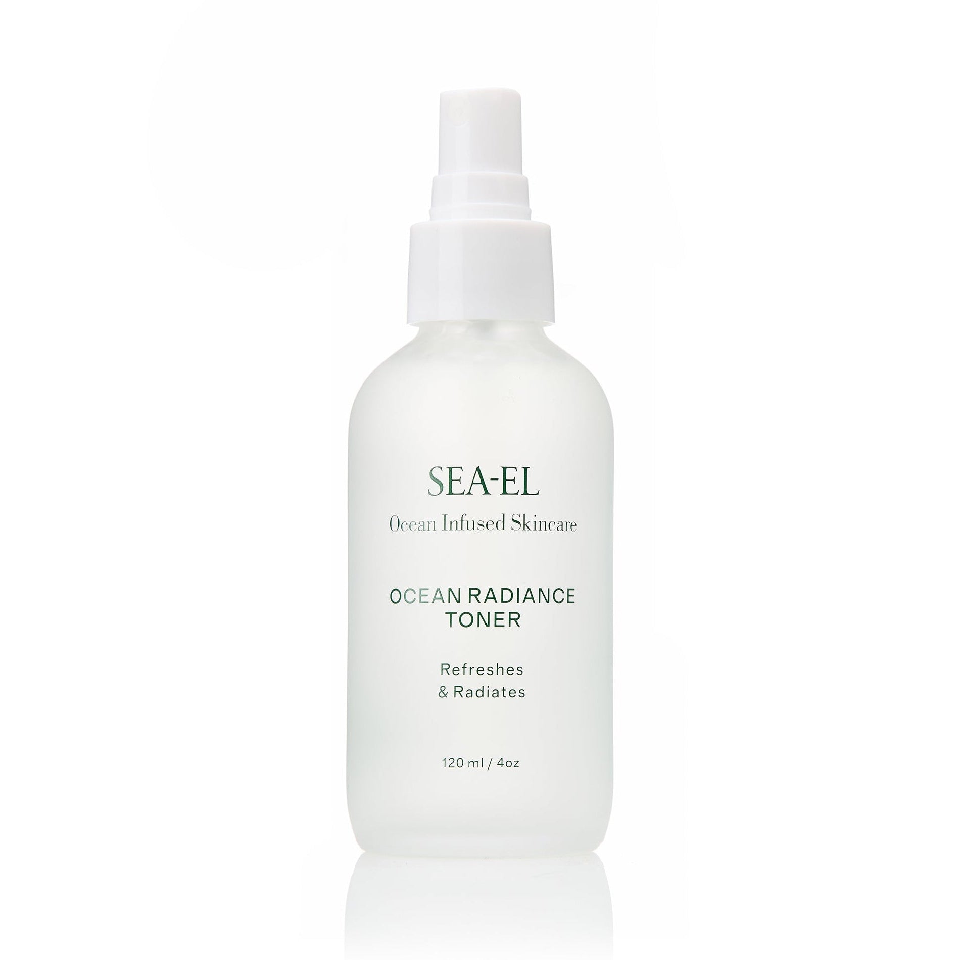 SEA-EL Ocean Radiance Toner in a frosted white spray bottle with a white pump dispenser, set against a clean white background with a subtle reflection.