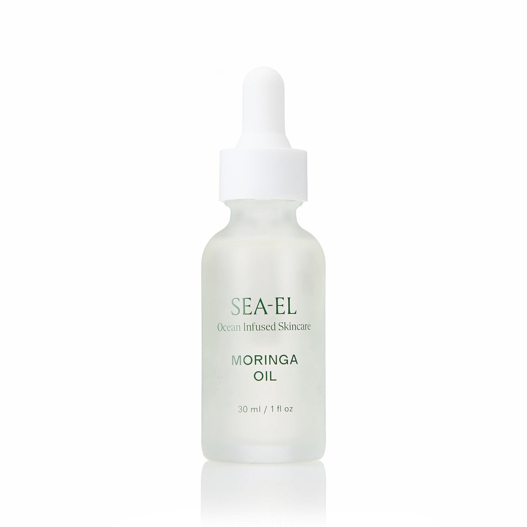 SEA-EL Moringa Oil in a frosted glass dropper bottle with a white cap, centered on a clean white background.