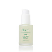 SEA-EL Sea Peptide Serum in a frosted glass bottle with a white pump dispenser, set against a clean white background with a subtle reflection.