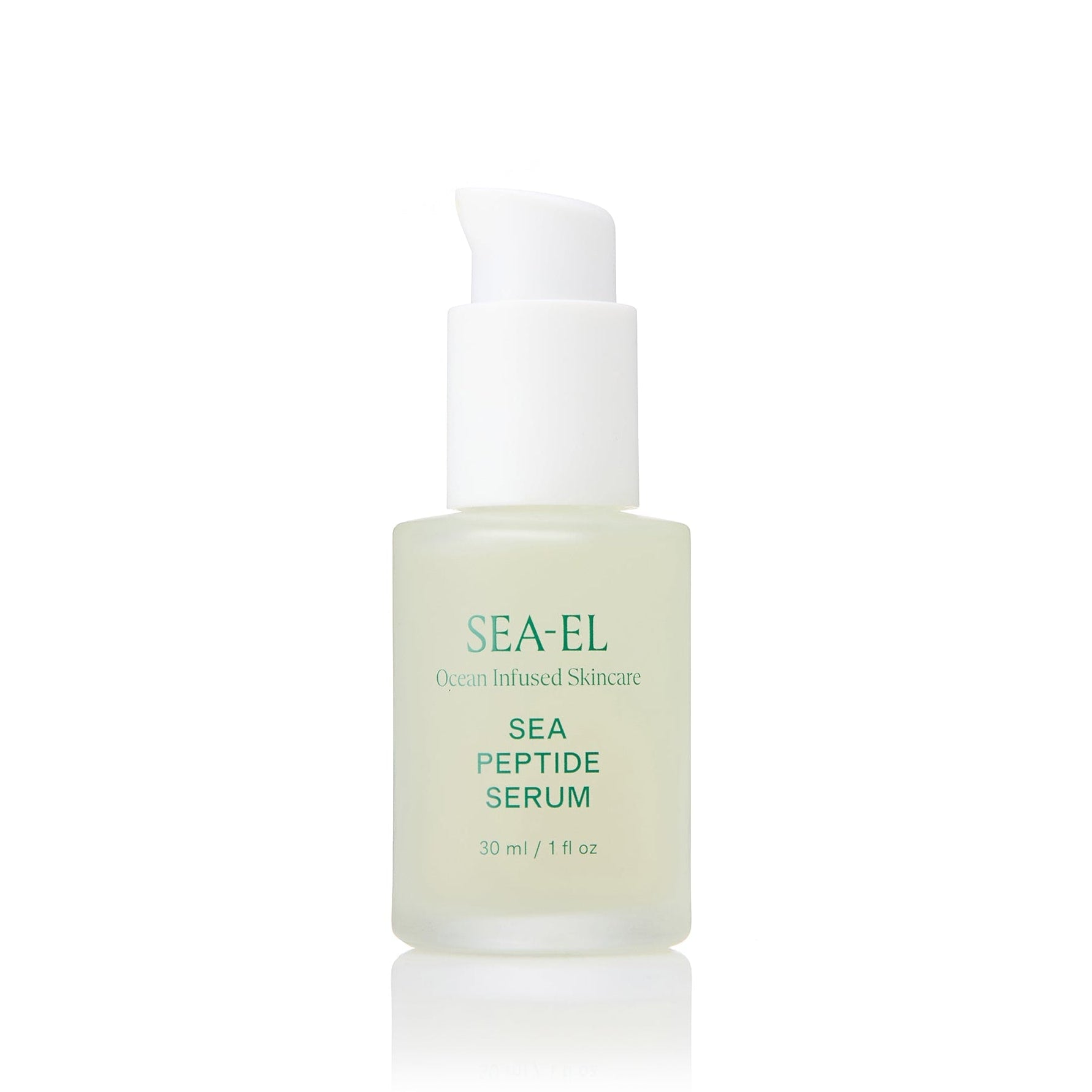 SEA-EL Sea Peptide Serum in a frosted glass bottle with a white pump dispenser, set against a clean white background with a subtle reflection.