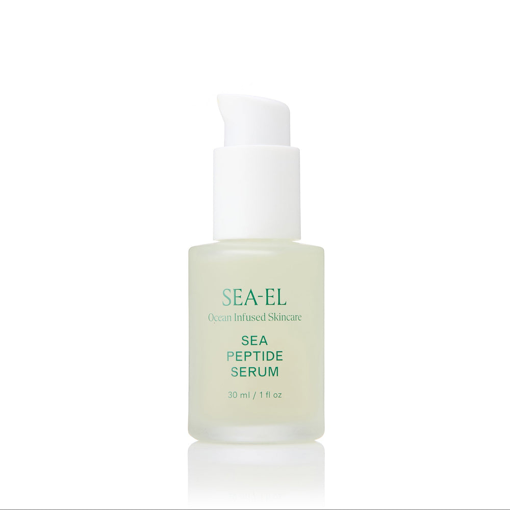 SEA-EL Sea Peptide Serum in a frosted glass bottle with a white pump dispenser, set against a clean white background with a subtle reflection.
