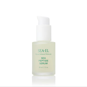 SEA-EL Sea Peptide Serum in a frosted glass bottle with a white pump dispenser, set against a clean white background with a subtle reflection.