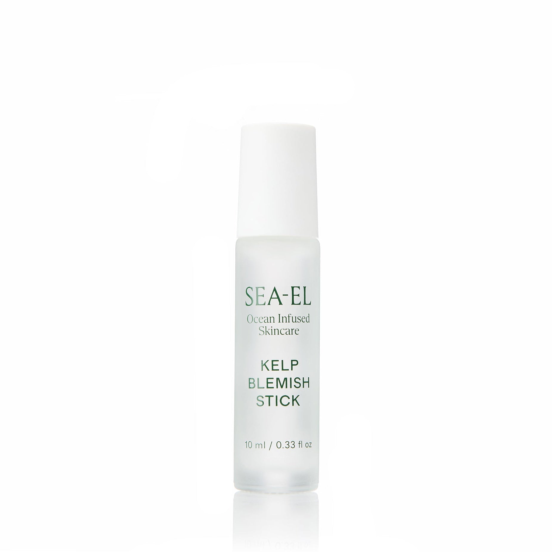 A small cylindrical bottle of SEA-EL Kelp Blemish Stick on a clean white background with a soft reflection below.
