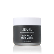 Sea Kelp Mud Mask that is in a frosted glass jar, where you can see the dark almost black material inside the glass.