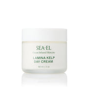 SEA-EL Lamina Kelp Day Cream in a frosted glass jar with a white lid, featuring green text on a clean white background with a soft reflection.