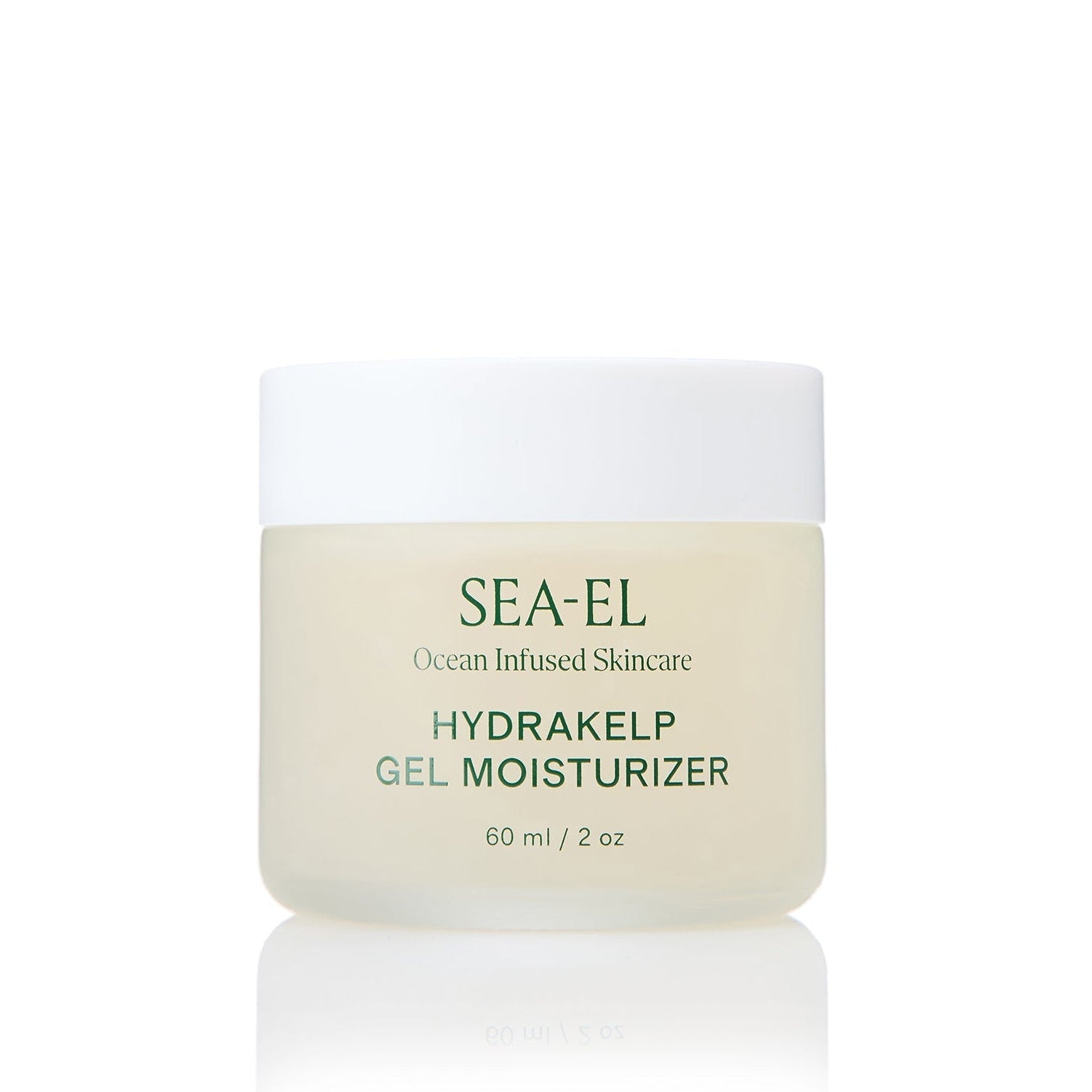 SEA-EL Hydrakelp Gel Moisturizer in a 60 ml frosted glass jar with a white lid, set against a solid white background with a soft reflection below.