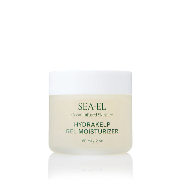 SEA-EL Hydrakelp Gel Moisturizer in a 60 ml frosted glass jar with a white lid, set against a solid white background with a soft reflection below.