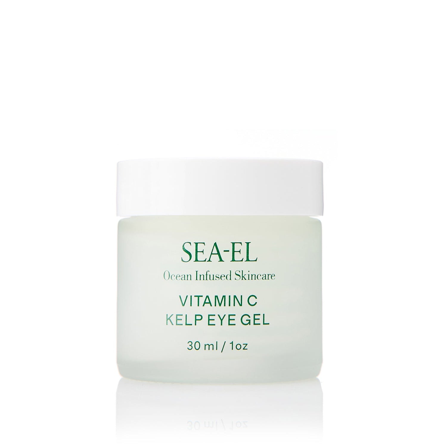 SEA-EL Vitamin C Kelp Eye Gel in a frosted glass jar with a white lid, set against a solid white background with a soft reflection below.