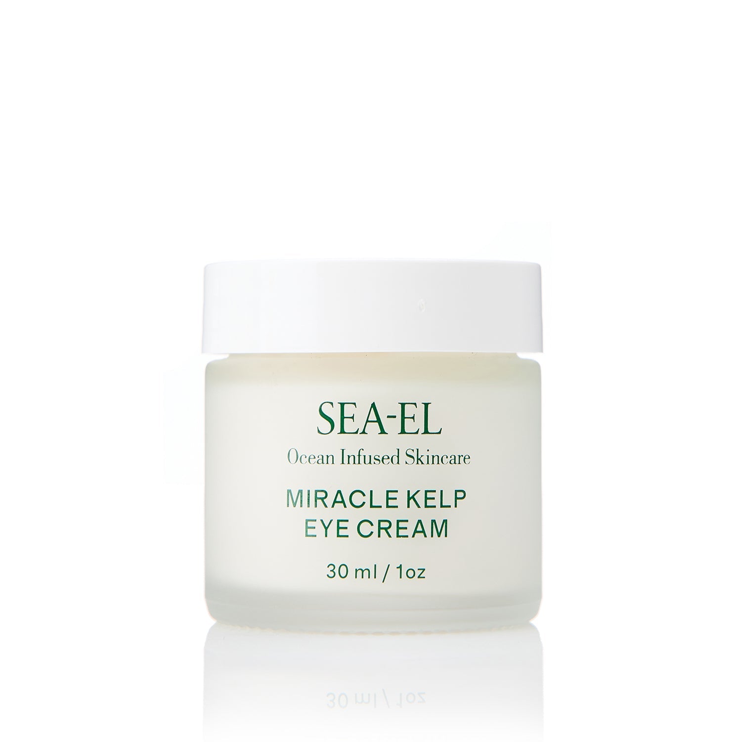 SEA-EL Miracle Kelp Eye Cream in a frosted glass jar with a white lid, set against a solid white background with a soft reflection below.