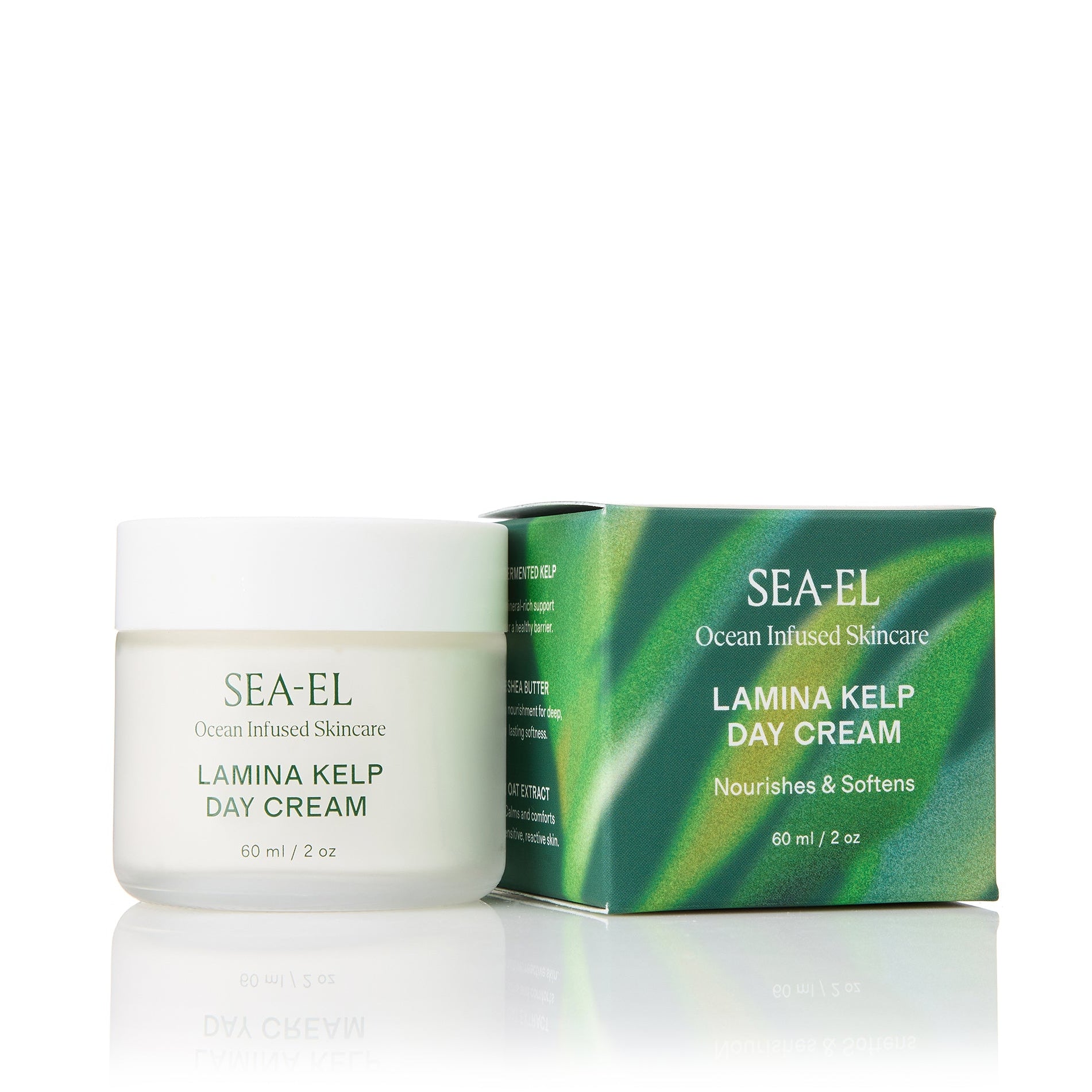 SEA-EL Lamina Kelp Day Cream in a white jar next to its green and teal packaging box, on a reflective white surface.