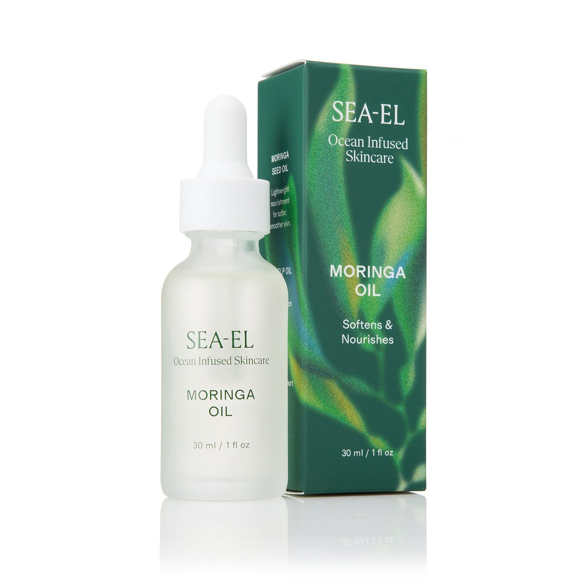 SEA-EL Moringa Oil skincare dropper bottle in frosted glass next to its green packaging box, featuring SEA-EL Ocean Infused Skincare branding.