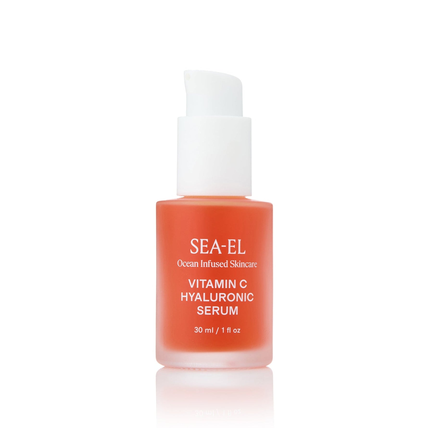 SEA-EL Vitamin C Hyaluronic Serum in a frosted glass bottle with a white pump dispenser, set against a solid white background.