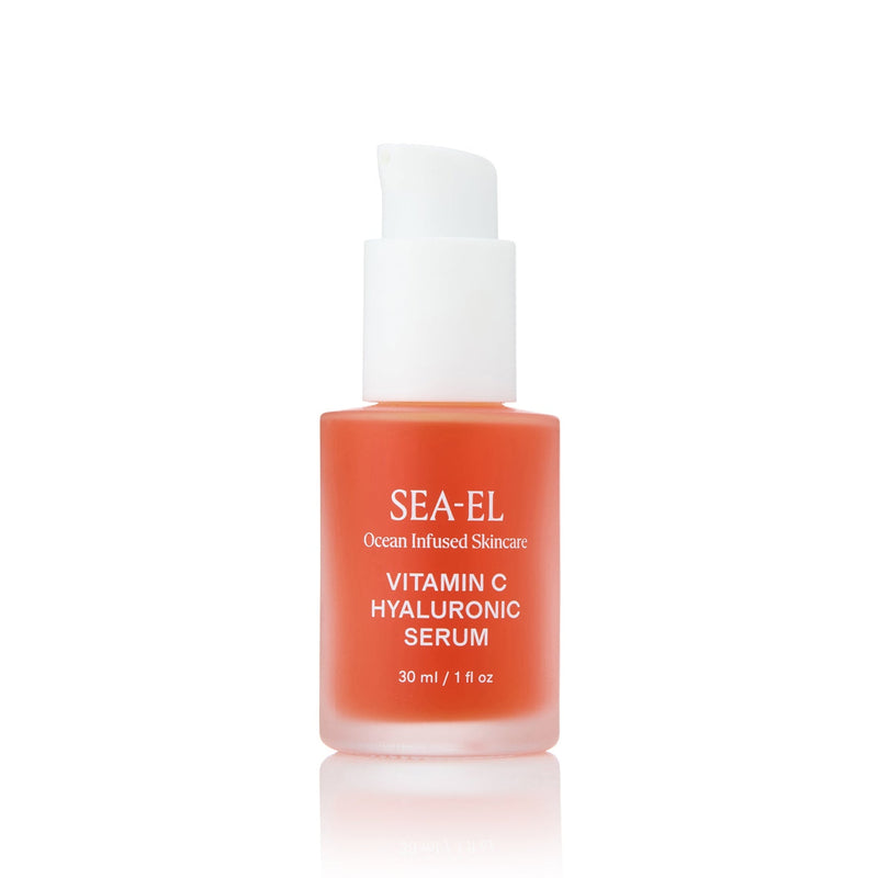 SEA-EL Vitamin C Hyaluronic Serum in a frosted glass bottle with a white pump dispenser, set against a solid white background.