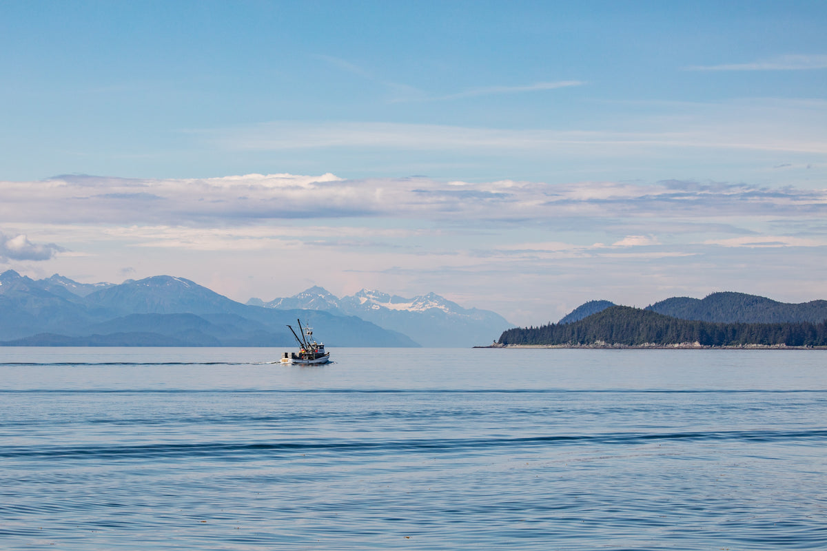 A small boat travels across calm blue water with distant mountains, a forested island, and a pale blue sky with light clouds.