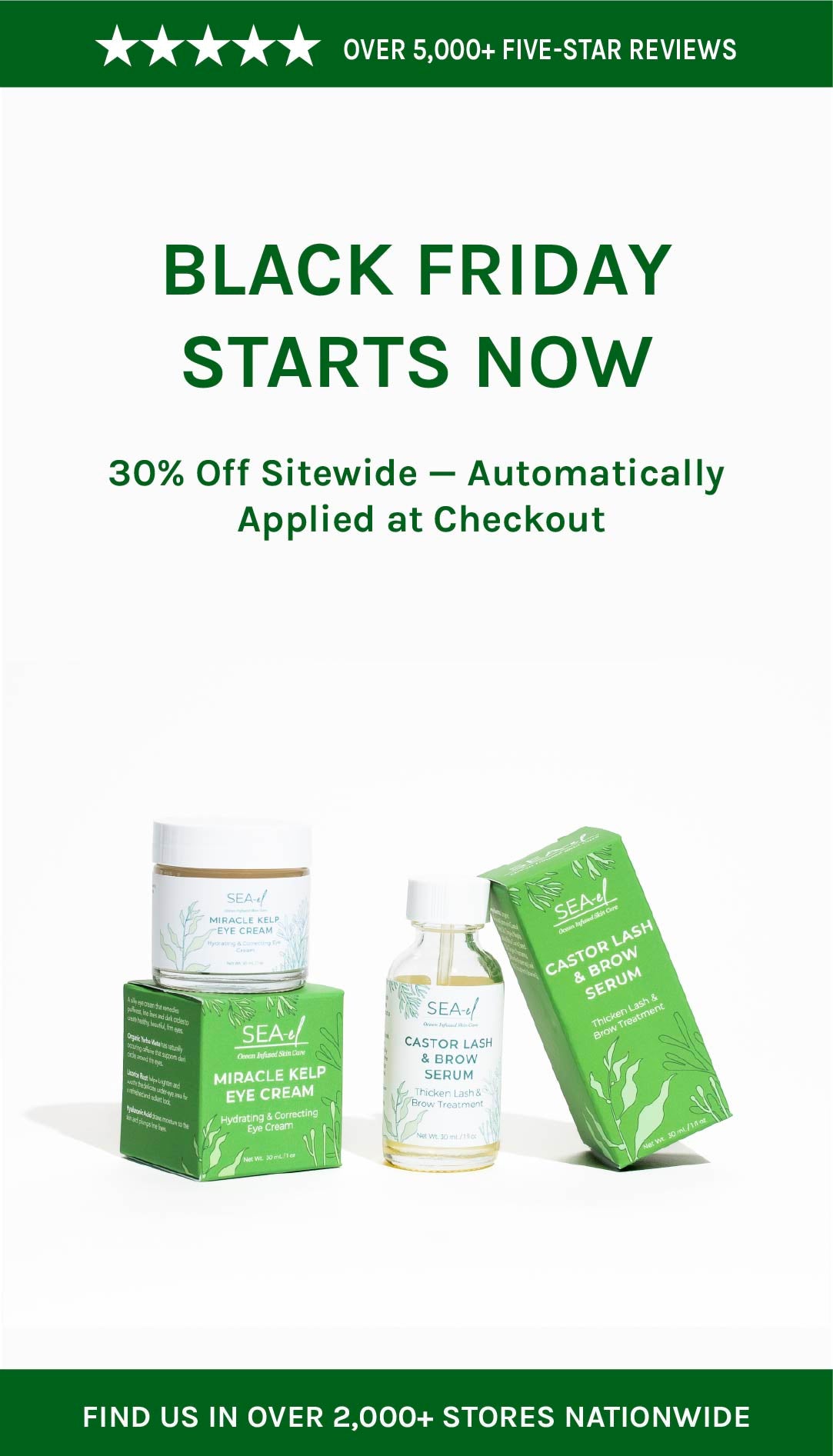 Advertisement for Black Friday sale with skincare products and promotional text on a white background.