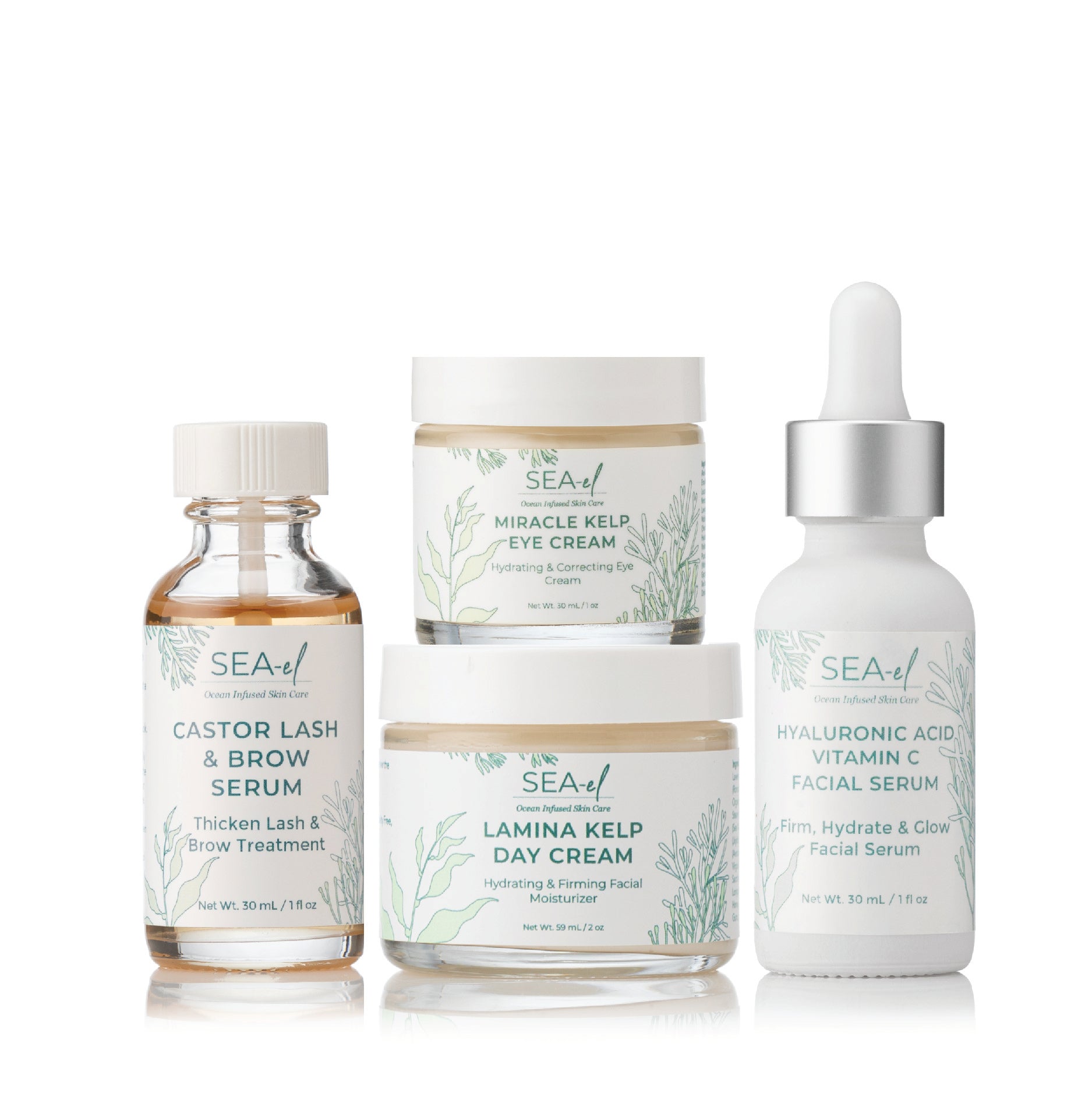 A collection of four skincare products from Sea El Skincare, including bottles and jars labeled for eye cream, day cream, serum, and lash & brow treatment.