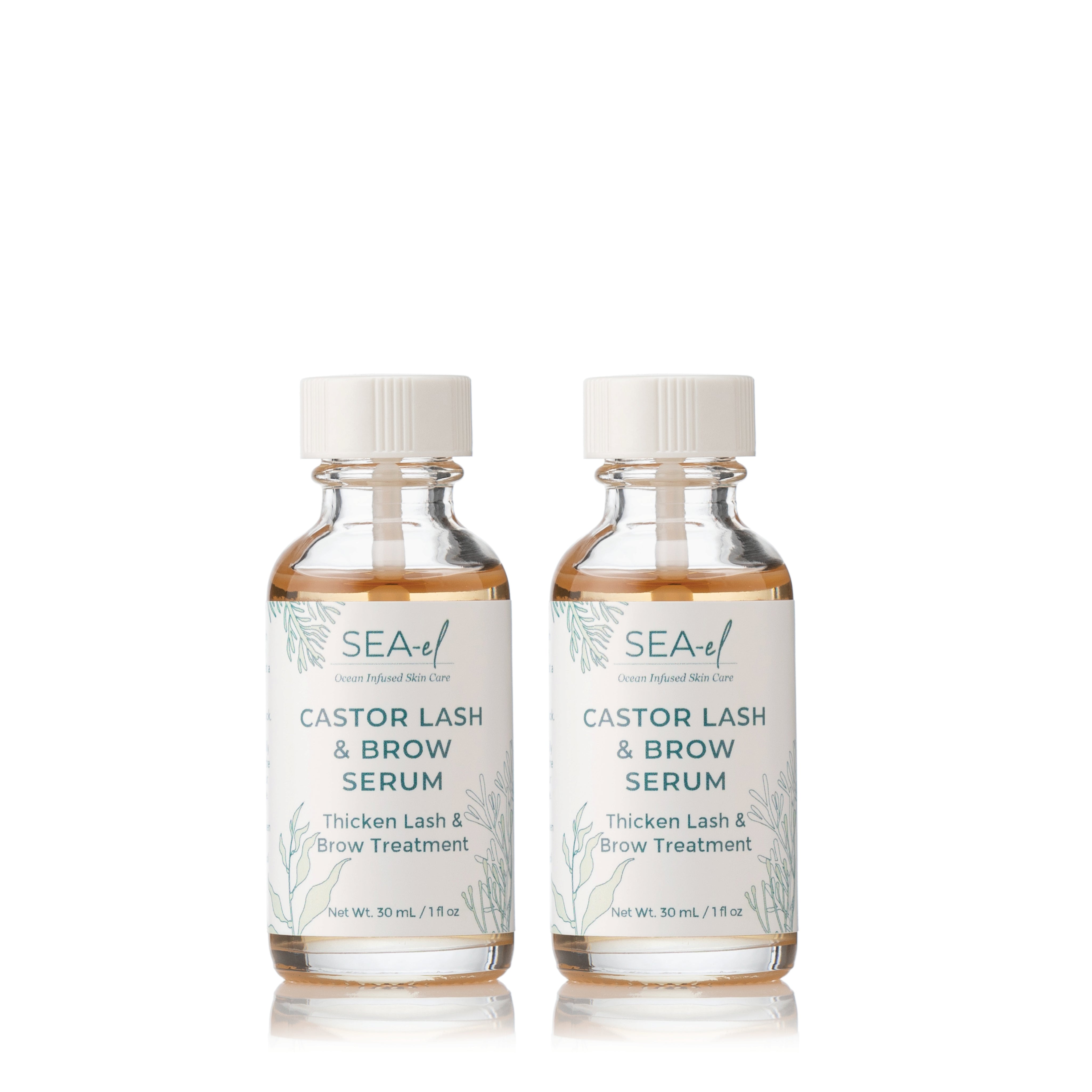 Two clear glass bottles with white labels, labeled as Castor Lash & Brow Serum, designed for nourishing and conditioning eyebrows and lashes.