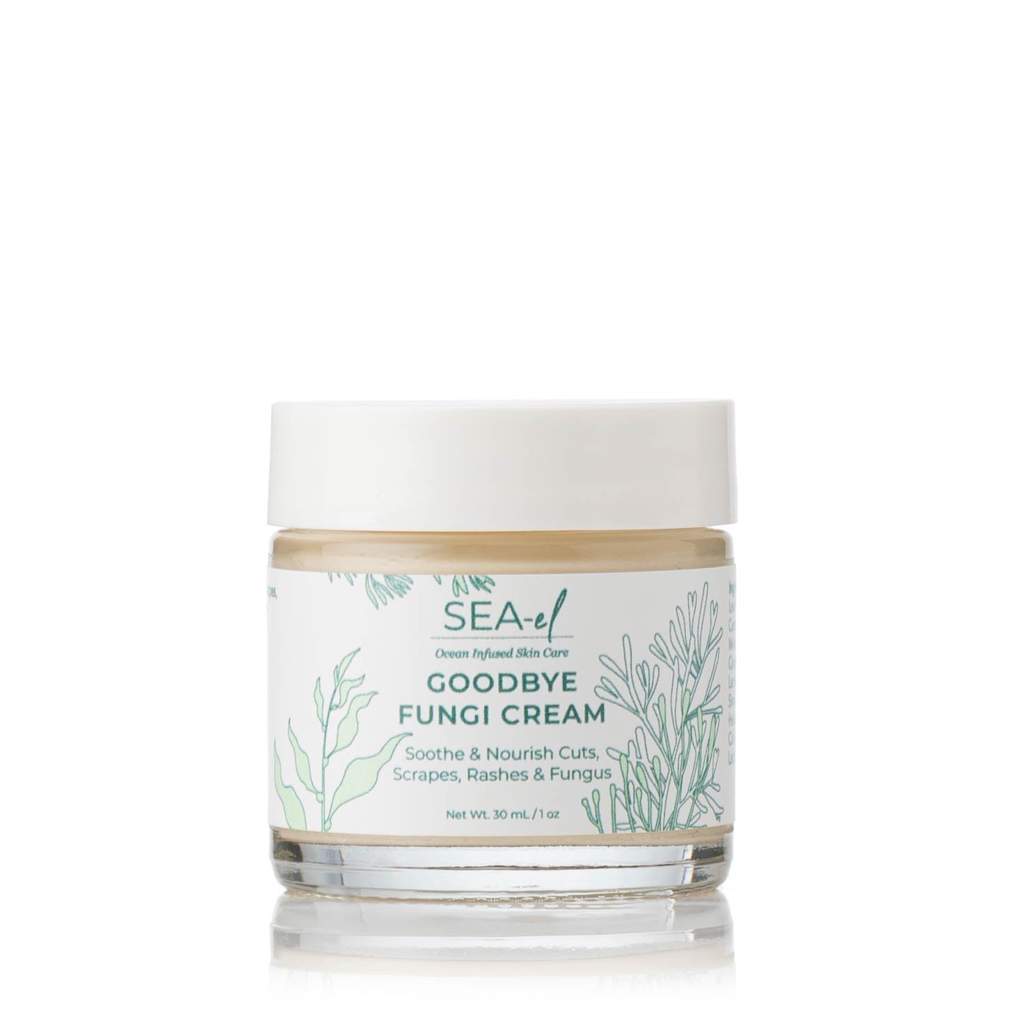 A jar of 'Goodbye Fungi Cream' by SEAEL with a white lid and label featuring green botanical illustrations. The jar is transparent, revealing a creamy texture.