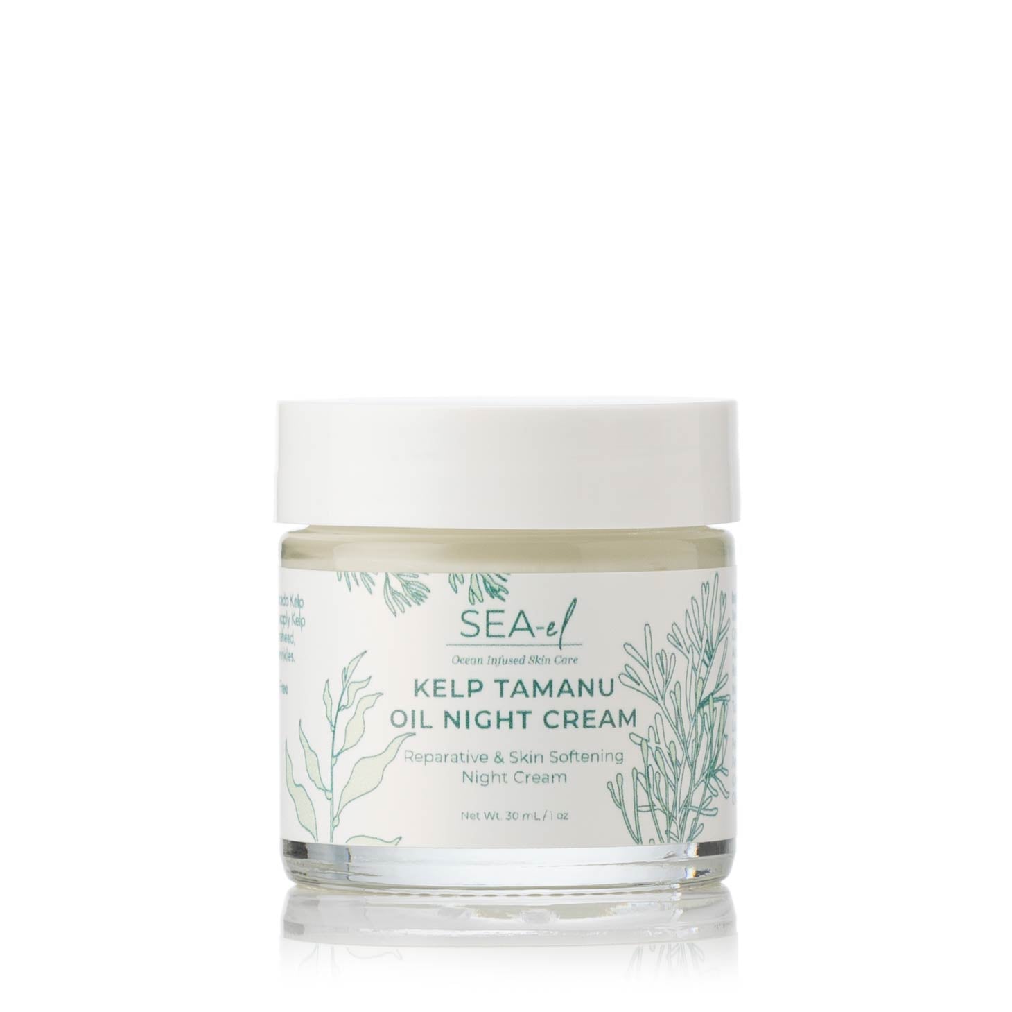 A clear jar with a white lid labeled 'Sea el Skincare, Kelp Tamanu Oil Night Cream', containing a silky face cream with a green botanical design on the label with white backround.
