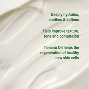Silky image of the cream, with text about Tamanu Oil benefits on a white background. It deeply hydrates, sooths, and softens while helping the skins natural skin cells.