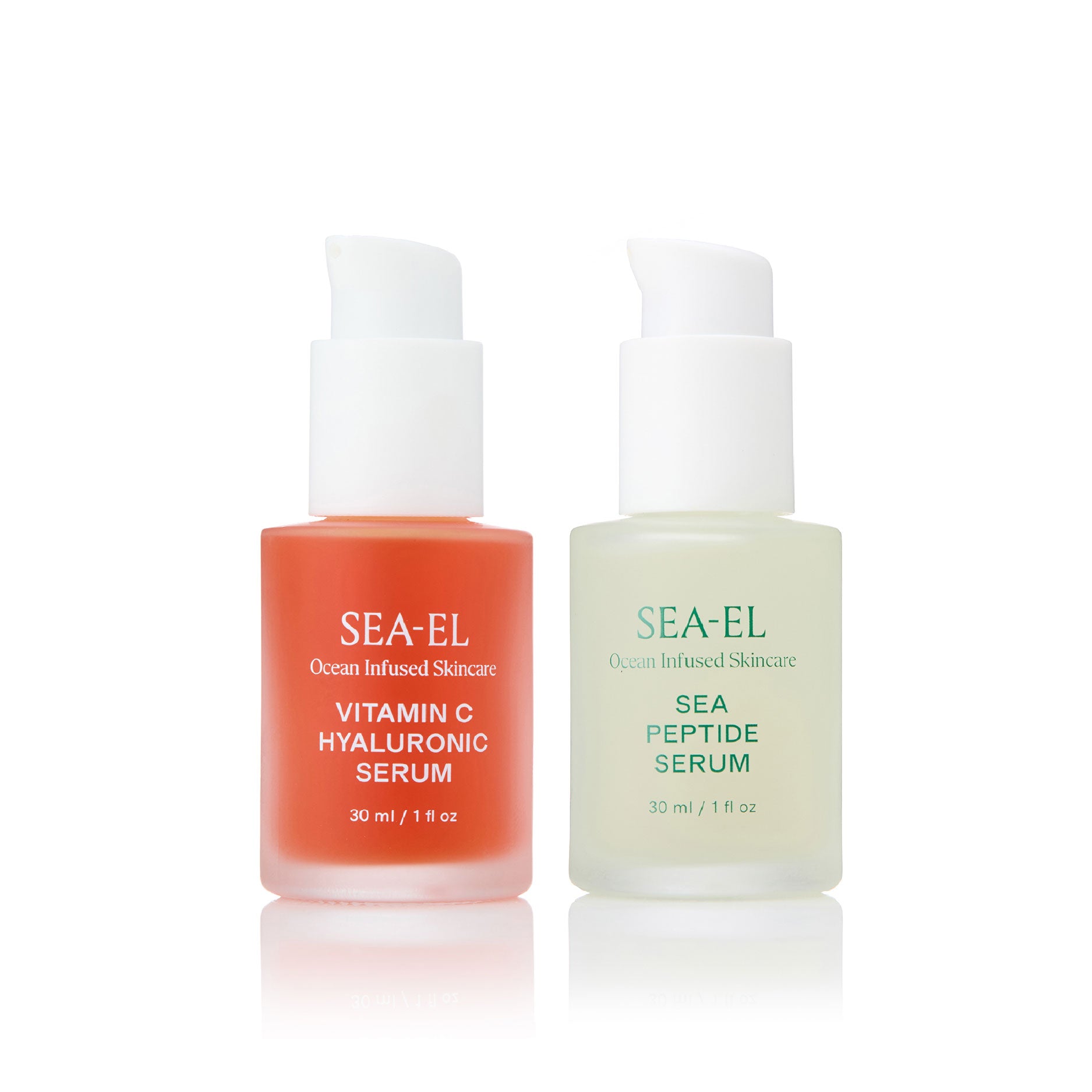 two best sellers serum next to each other, our Vitamin C Hyaluronic Serum and our Sea Peptide Serum