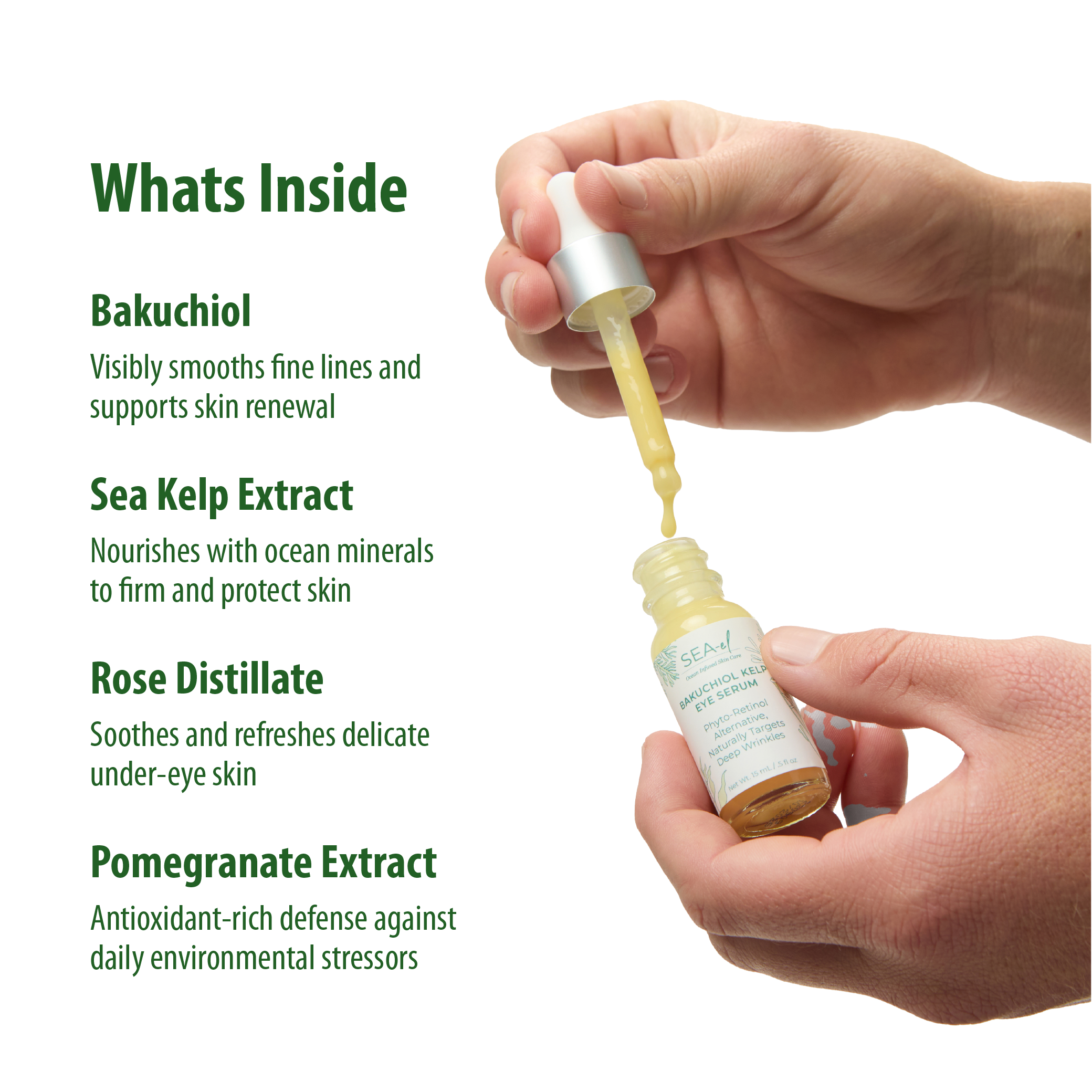 Hand holding a dropper with skincare product and text about its ingredients on a white background