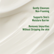 Text on a white background of the cleanser cream, describing the benefits of a skincare product. How it supports Skin's moisture barrier while helping to remove impurities.