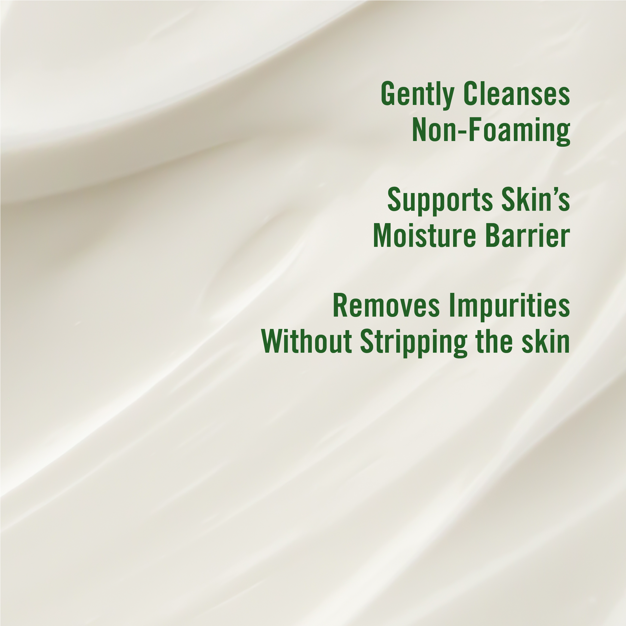 Text on a white background of the cleanser cream, describing the benefits of a skincare product. How it supports Skin's moisture barrier while helping to remove impurities.