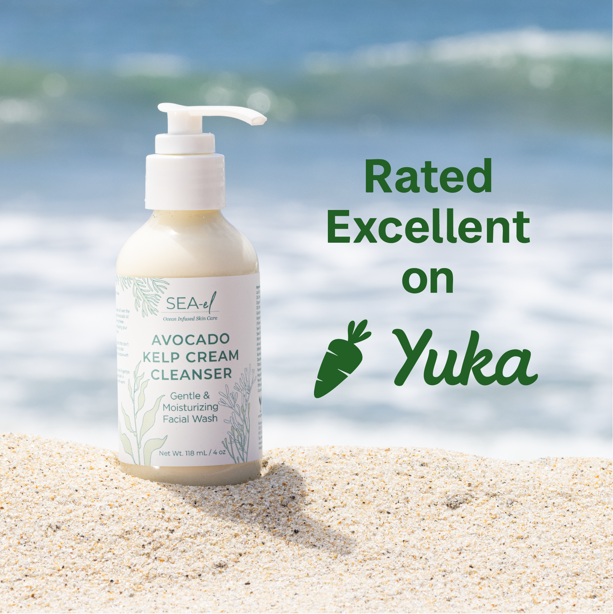 Bottle of Sea el skincare cleanser, Avocado Kelp Cream Cleanser on sand with ocean background and 'Yuka' rating text. Ranked excellent on Yuka.