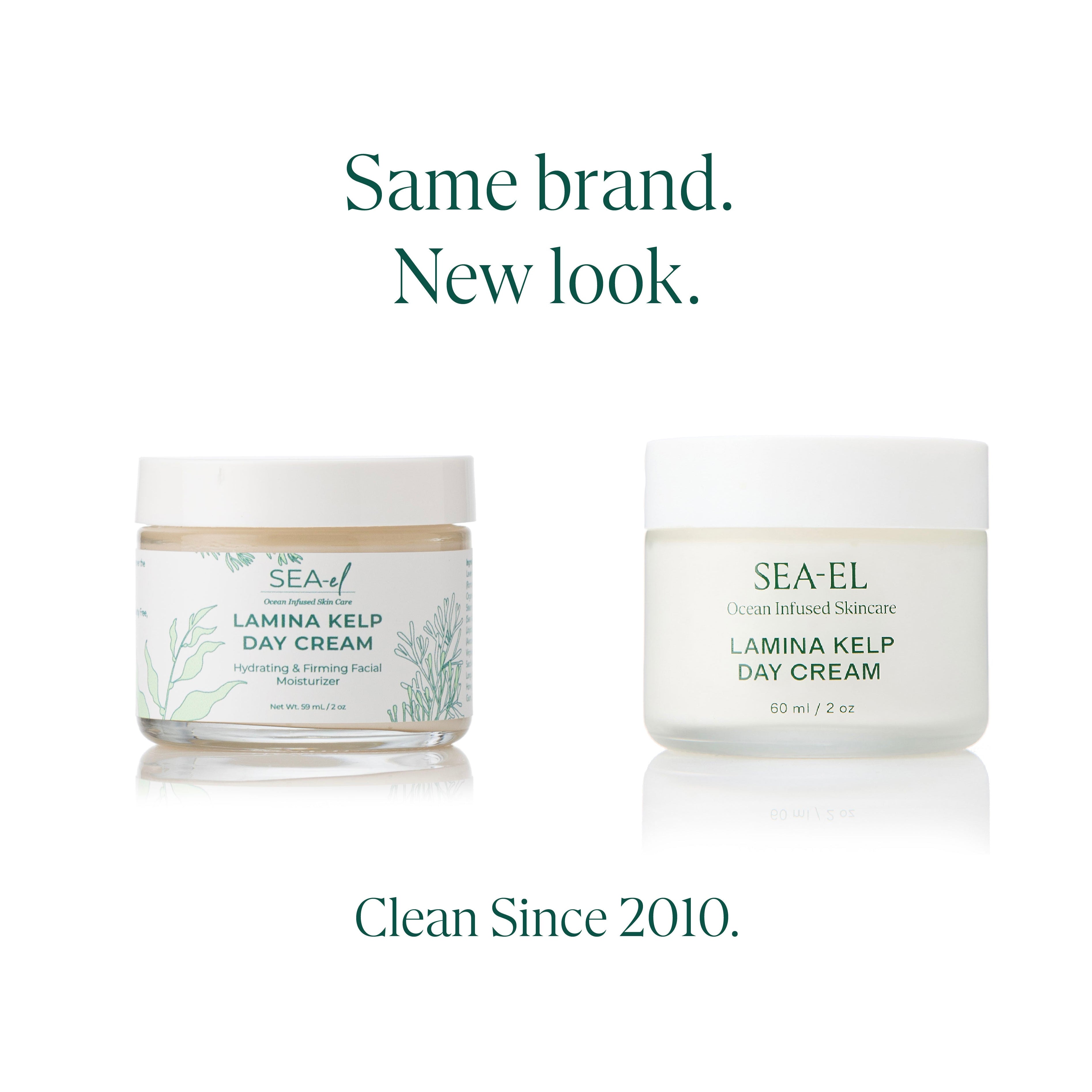 Two SEA-EL Lamina Kelp Day Cream jars shown on a white background with marketing text above and below. The left jar has a clear lid and glass container showing a beige cream inside, while the right jar is opaque white.