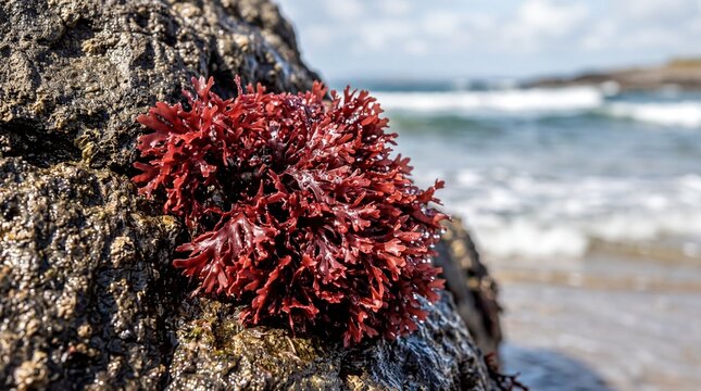 A close-up of vibrant red seaweed growing on a dark, wet rock, with a blurred ocean shoreline and waves in the background.